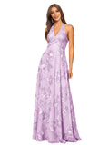 Jacquard Floral Lace Bridesmaid Dresses for Women Long A-Line Open Back Halter Formal Gown