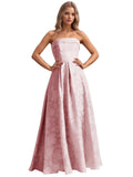 Jacquard Floral Prom Dresses Strapless Maxi Evening Gowns A-Line Ruched Formal Party Dress Elegant
