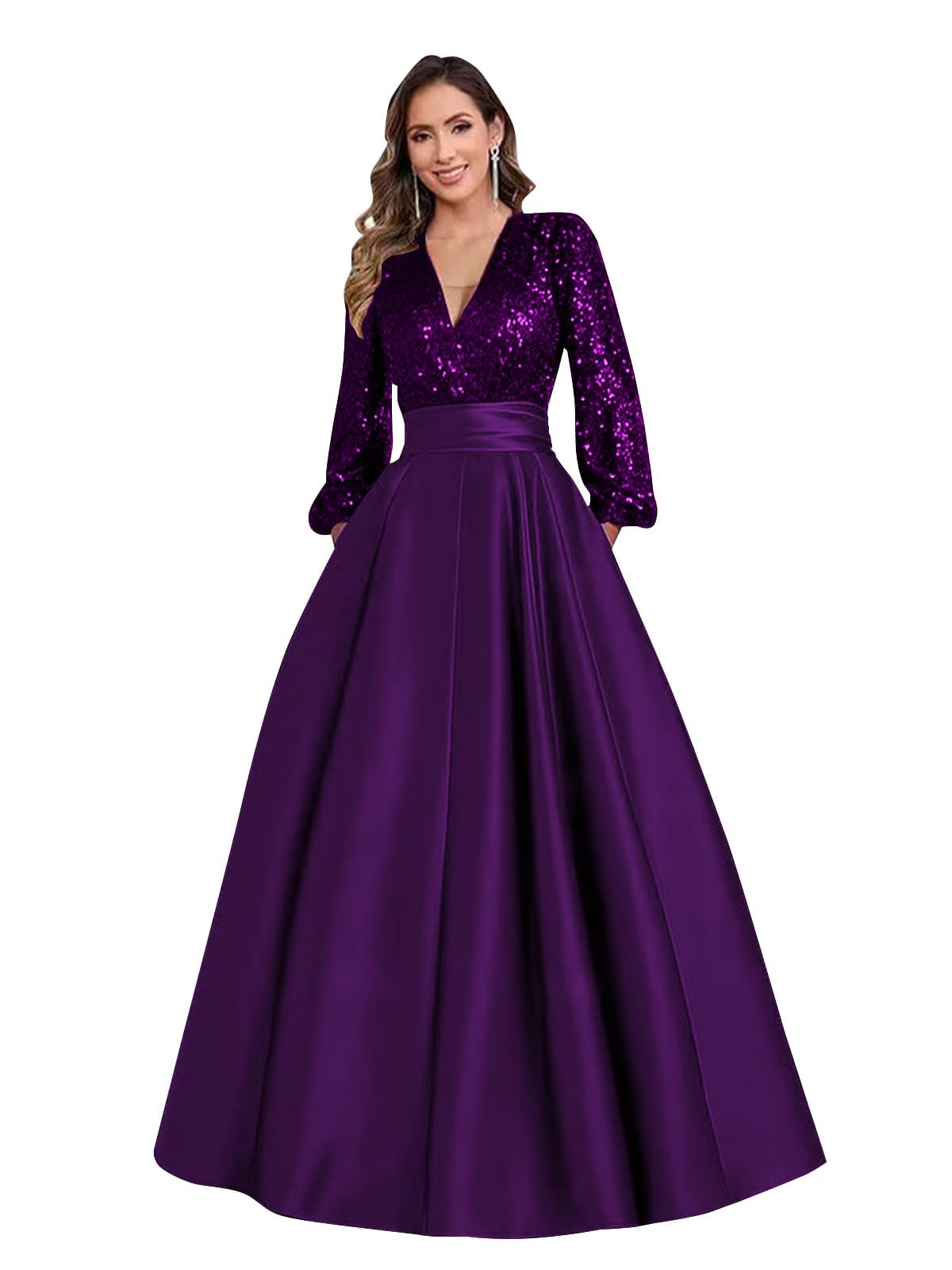 Satin Mother of Bride Dresses Long for Women Sequin Long Sleeve Evening Gown with Pockets