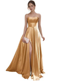 Women's Satin Prom Dresses with Slit Strapless A Line Corset Ball Gowns Spaghetti Straps Formal Evening Gowns with Pockets