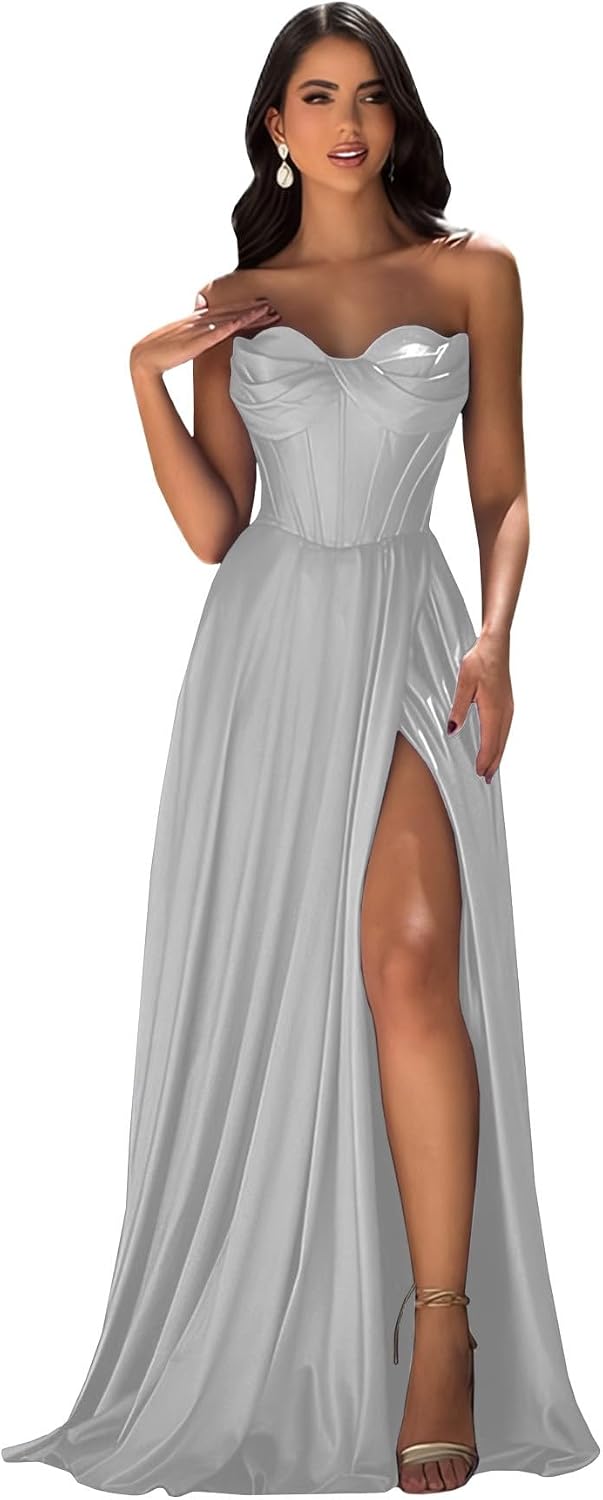 Strapless Prom Dress with Slit Satin A Line Long Ball Gowns for Women Sweetheart Corset Formal Dress with Pockets