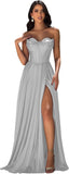 Strapless Prom Dress with Slit Satin A Line Long Ball Gowns for Women Sweetheart Corset Formal Dress with Pockets
