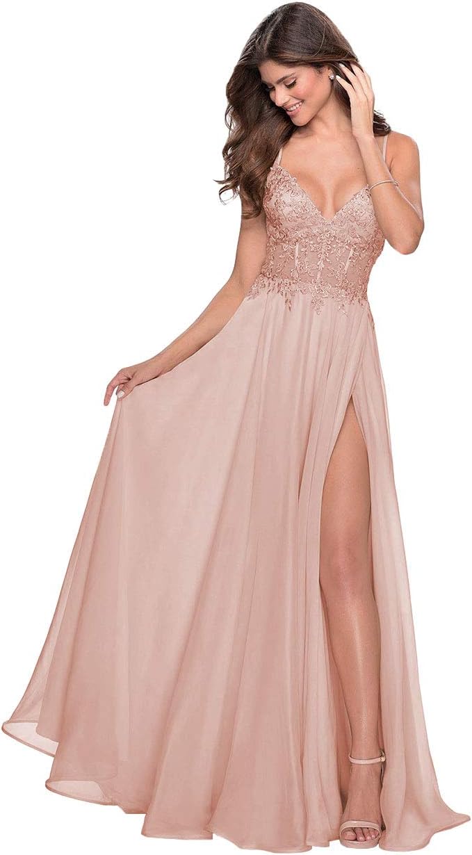 Women's Lace Appliqued Chiffon Prom Dresses Long with Slit Spaghetti Straps V Neck Formal Party Gowns