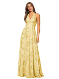 Jacquard Floral Lace Bridesmaid Dresses for Women Long A-Line Open Back Halter Formal Gown