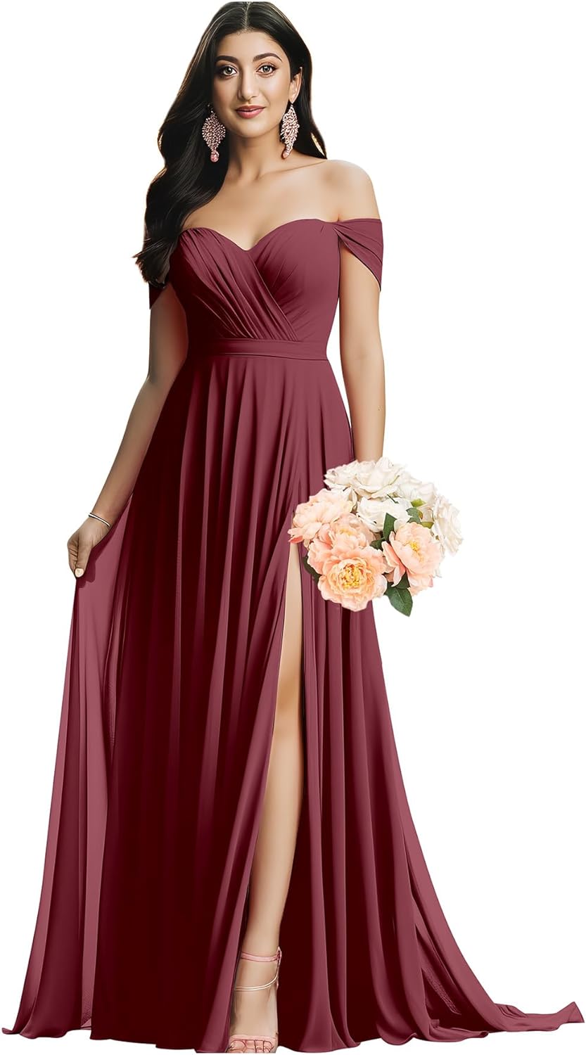 Schulterfreies Brautjungfernkleid für die Hochzeit, gerüschtes Chiffon-Split-Abendkleid mit Taschen 