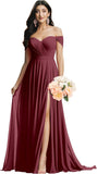 Schulterfreies Brautjungfernkleid für die Hochzeit, gerüschtes Chiffon-Split-Abendkleid mit Taschen 