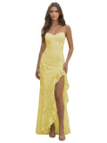 Spaghetti Straps Floral Embroidery Mermaid Prom Dress 2026 Long Corset Formal Evening Gowns with Ruffle Slit