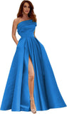 Women's One Shoulder Prom Dresses Long Satin Side Slit Formal Evening Gowns with Pockets