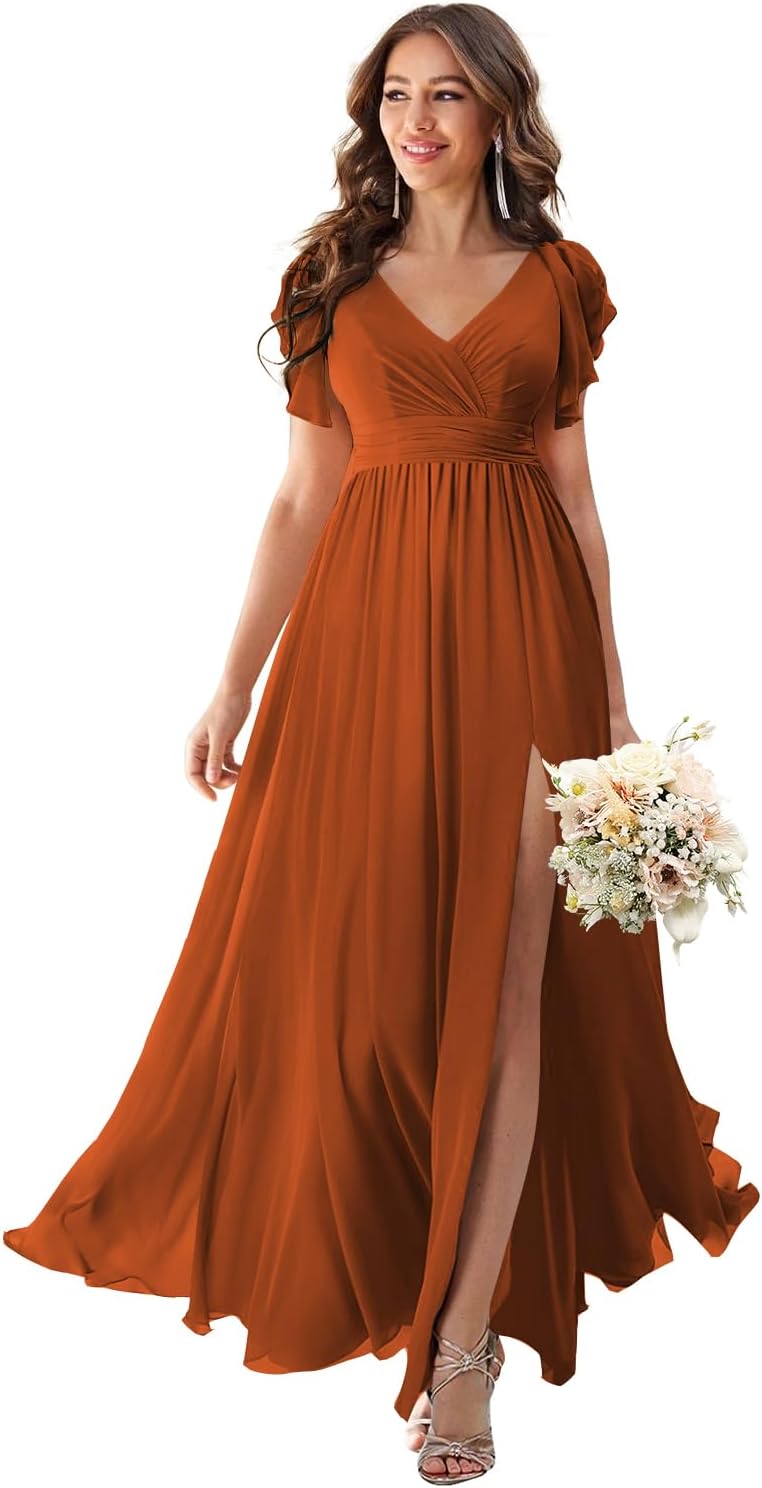 V Neck Flutter Sleeves Bridesmaid Dresses with Slit 2025 Chiffon Aline Pleats Formal Evening Gowns for Women
