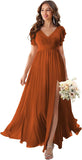 V Neck Flutter Sleeves Bridesmaid Dresses with Slit 2025 Chiffon Aline Pleats Formal Evening Gowns for Women