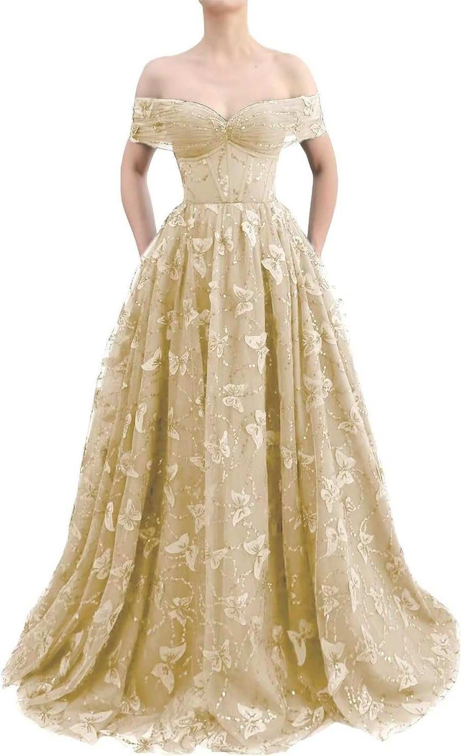 Sparkly Off Shoulder Tulle Prom Dresses with Butterfly Appliques Long A Line Formal Evening Party Gowns for Women