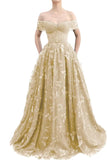 Sparkly Off Shoulder Tulle Prom Dresses with Butterfly Appliques Long A Line Formal Evening Party Gowns for Women