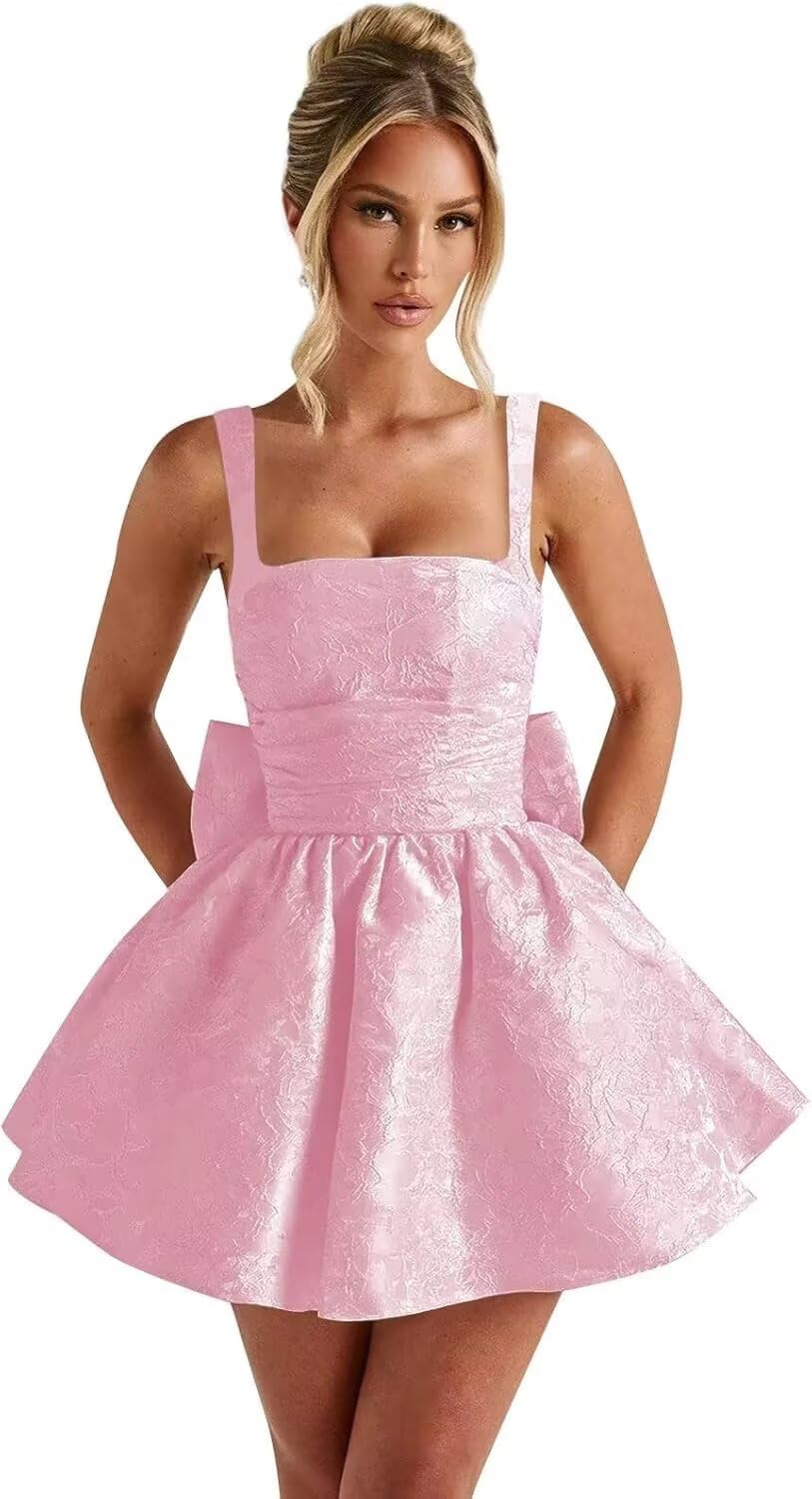 Jacquard Satin Homecoming Dresses for Teens Spaghetti Straps Short Prom Dress A-line Cocktail Party Gowns with Bow