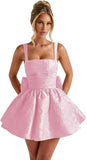Jacquard Satin Homecoming Dresses for Teens Spaghetti Straps Short Prom Dress A-line Cocktail Party Gowns with Bow