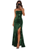 Sparkly Sequin Spaghetti Straps Prom Dresses 2026 Long Ruffles Pleated Formal Evening Dress with Slit