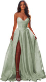 Jacquard Satin Prom Dresses with Slit Strapless Corset A Line Long Formal Gowns