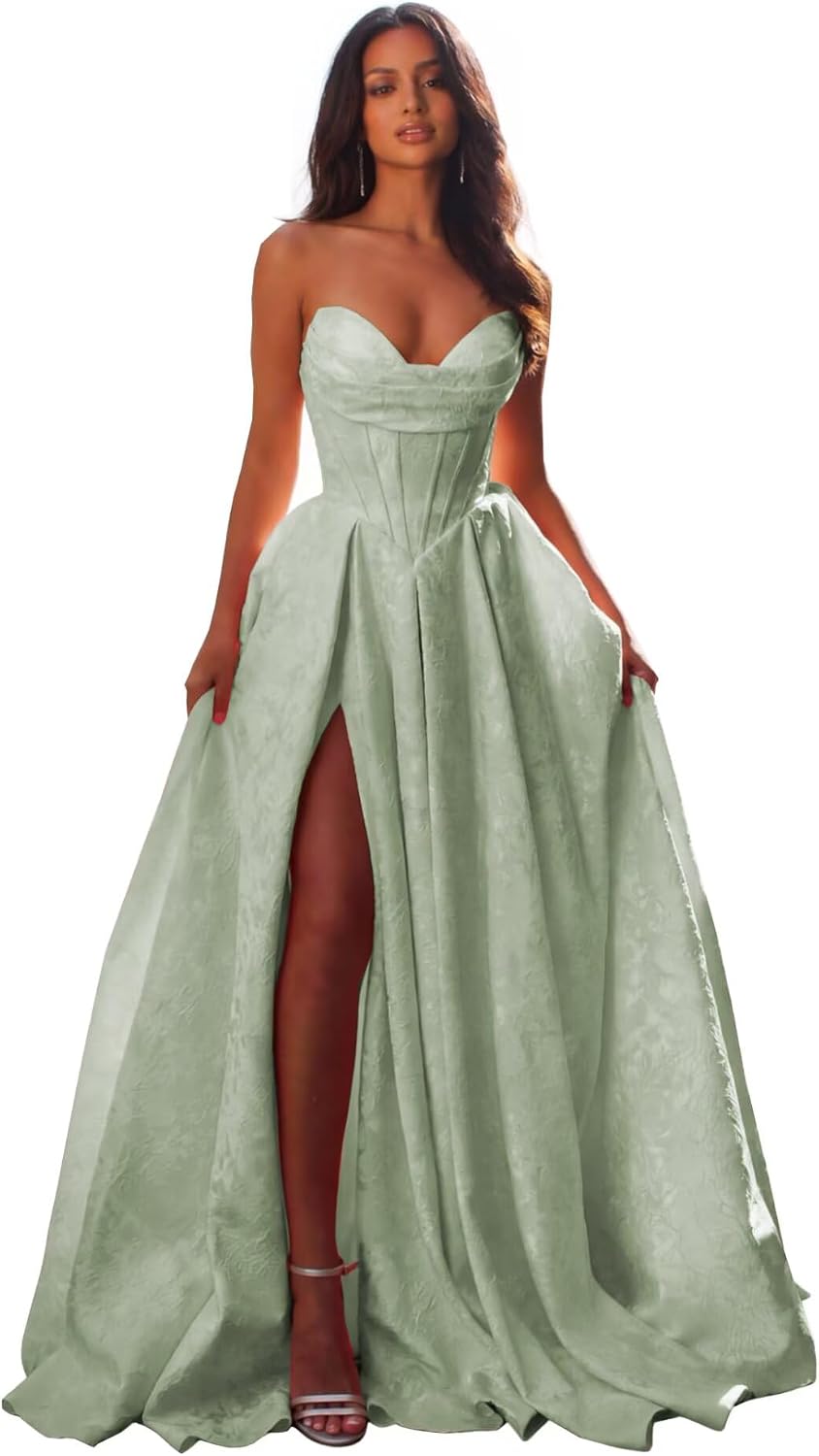 Jacquard Satin Prom Dresses with Slit Strapless Corset A Line Long Formal Evening Gowns