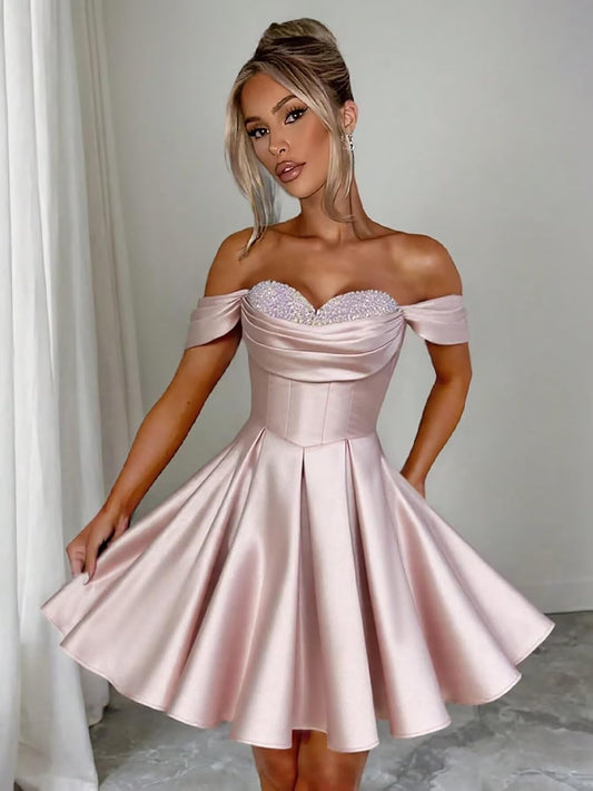 Women's Off Shoulder Satin Sweetheart Prom Homecoming Dresses Sequin Short A Line Evening Party Gowns
