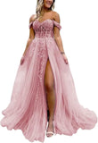 Off The Shoulder Tulle Prom Dress with Laces Applique A-line Slit Long Ball Gowns Glitter Formal Evening Dress