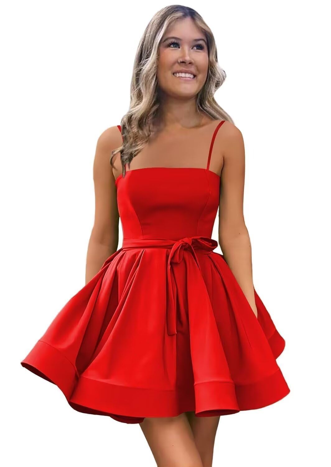 Women’s Short Satin Spaghetti Straps Formal Homecoming Dresses A Line Corset Puffy Prom Gown with Pockets for Teens