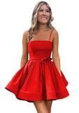 Women’s Short Satin Spaghetti Straps Formal Homecoming Dresses A Line Corset Puffy Prom Gown with Pockets for Teens