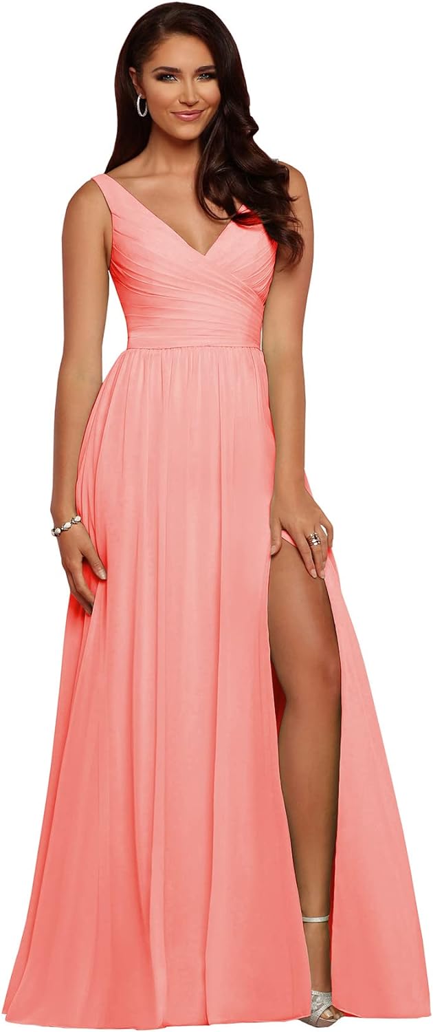 Vestidos de dama de honor largos con escote en V y abertura en gasa, corte A, plisados, para noche, fiesta formal