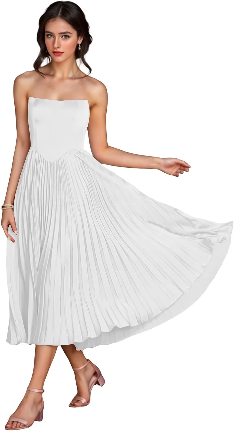 Women's Strapless Bridesmaid Dresses for Womens Tea Length Ruffle Satin Formal Prom Dress