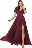 Damen Brautjungfernkleider mit Flatterärmeln, lang, mit Schlitz, V-Ausschnitt, Chiffon, formelle Kleider 