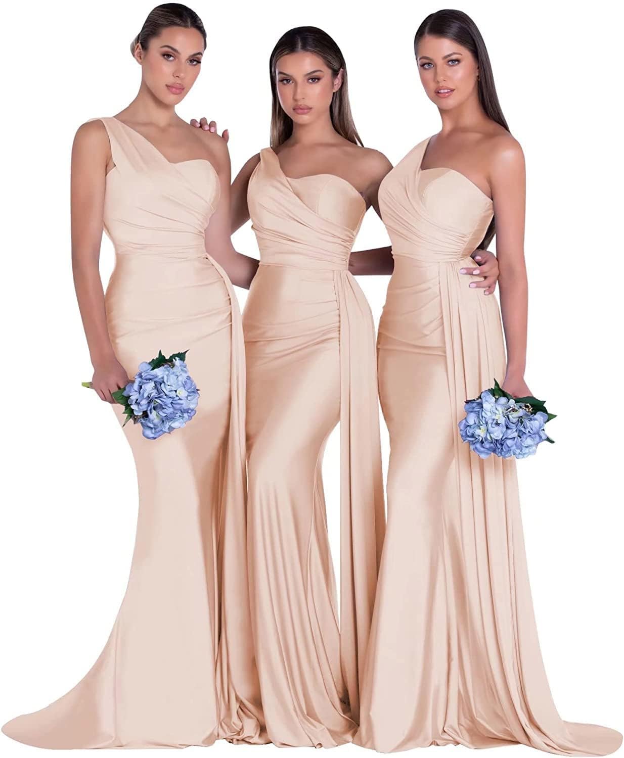Women's One Shoulder Mermaid Bridesmaid Dresses Long Ruched Bodycon Satin Formal Prom Gowns