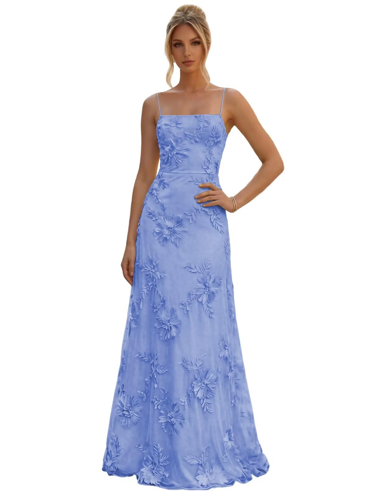 Floral Embroidery Prom Dresses for Women Spaghetti Straps A Line Formal Maxi Dress