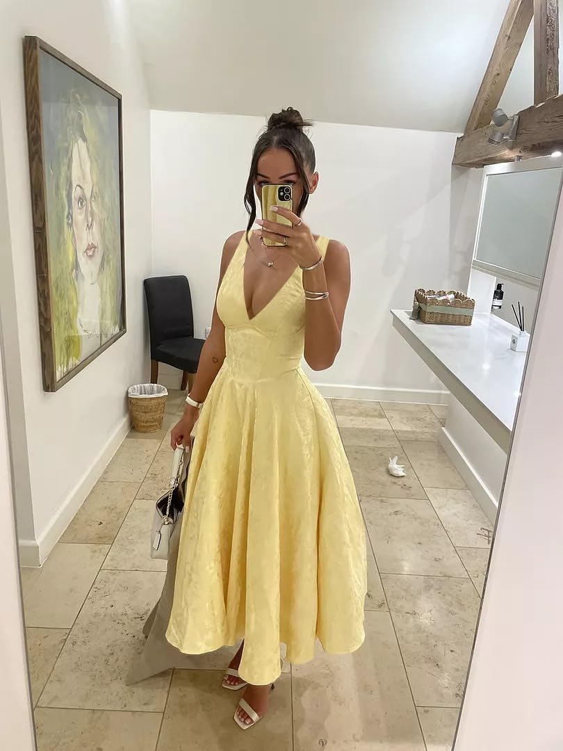 White Prom Dresses Halter Midi Jacquard Formal Dress V-Neck Engagement Dress Satin Floral Jacquard for Women 2027 with Pockets