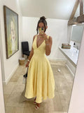 V Neck Tea Length Prom Dress for Women Satin Evening Party Gown A Line Cocktail Dress