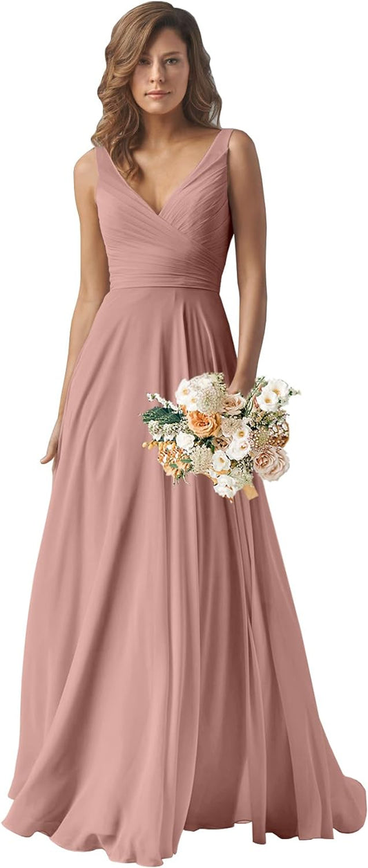 Chiffon Bridesmaid Dresses Long for Women A Line Ruched Formal Porm Evening Gowns