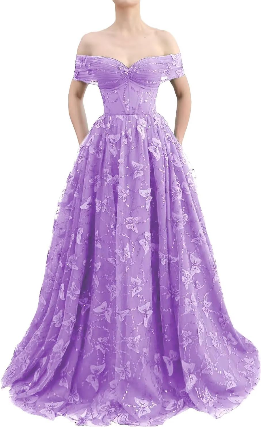 Sparkly Off Shoulder Tulle Prom Dresses with Butterfly Appliques Long A Line Formal Evening Party Gowns for Women