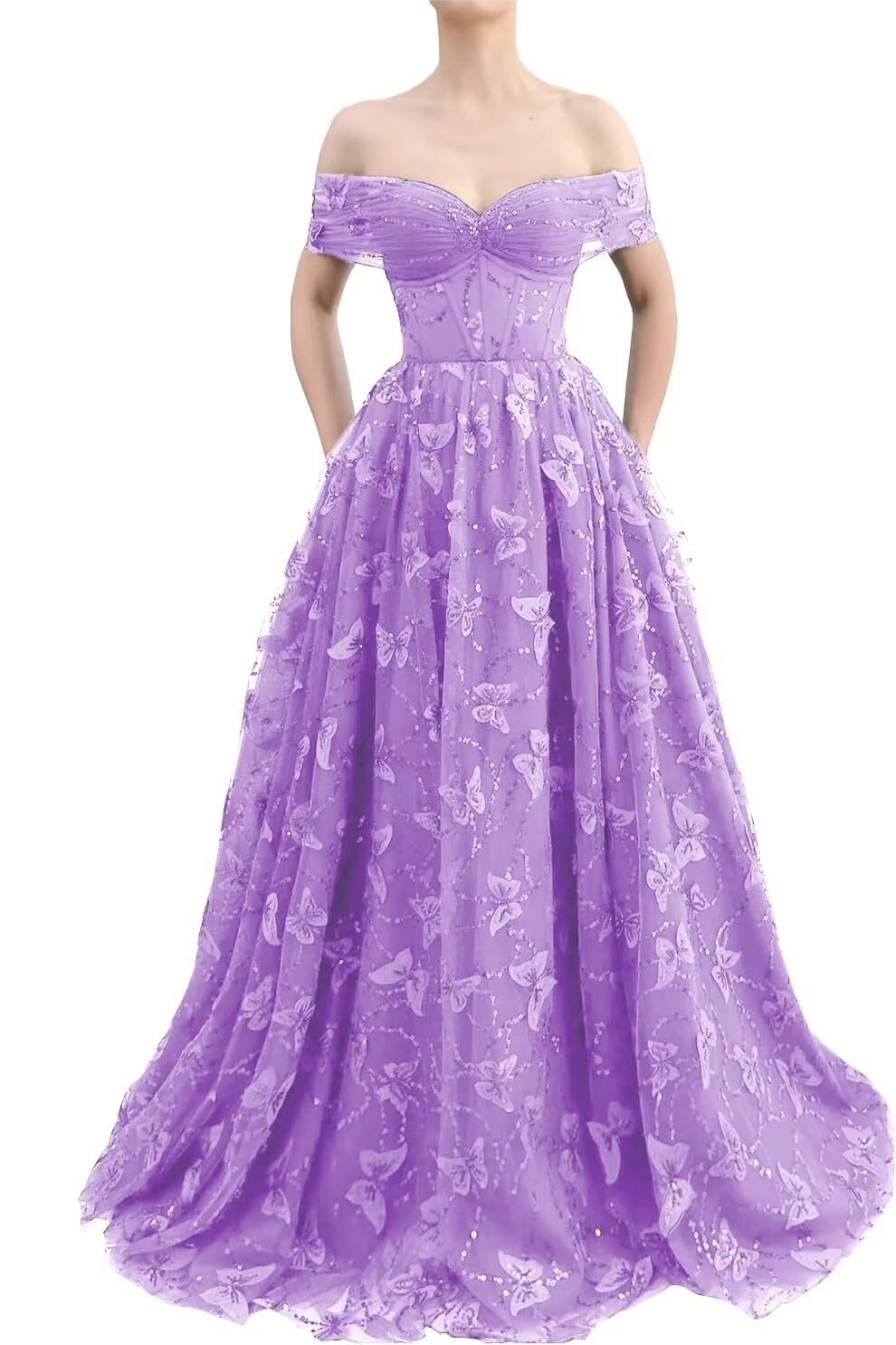 Sparkly Off Shoulder Tulle Prom Dresses with Butterfly Appliques Long A Line Formal Evening Party Gowns for Women