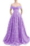 Sparkly Off Shoulder Tulle Prom Dresses with Butterfly Appliques Long A Line Formal Evening Party Gowns for Women