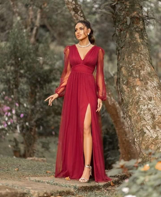Vestidos de dama de honor de manga larga para boda, vestido formal con escote en V y abertura en gasa, vestido de fiesta