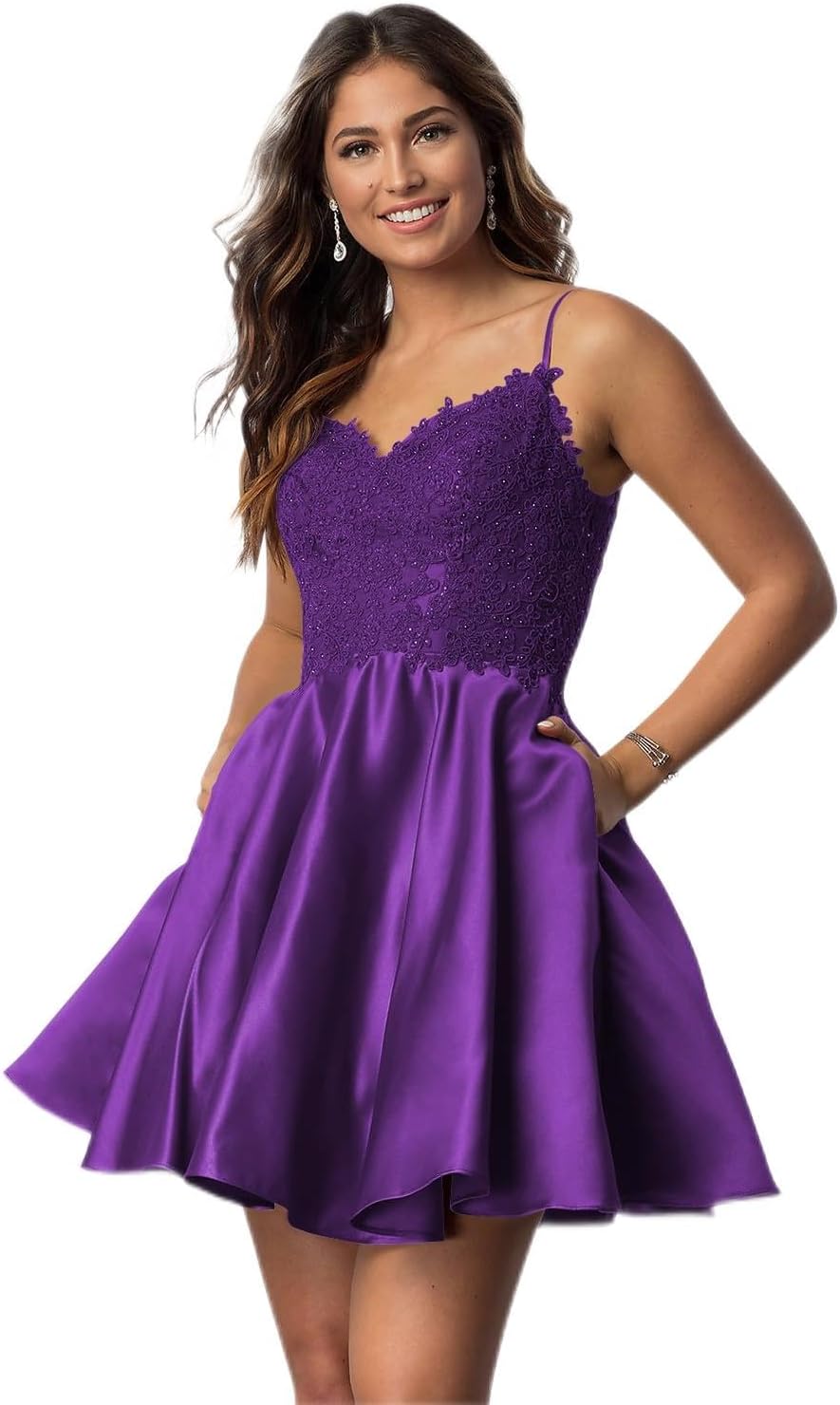 Vestidos cortos de fiesta con tirantes finos para jóvenes, con encaje, escote en V y bolsillos.
