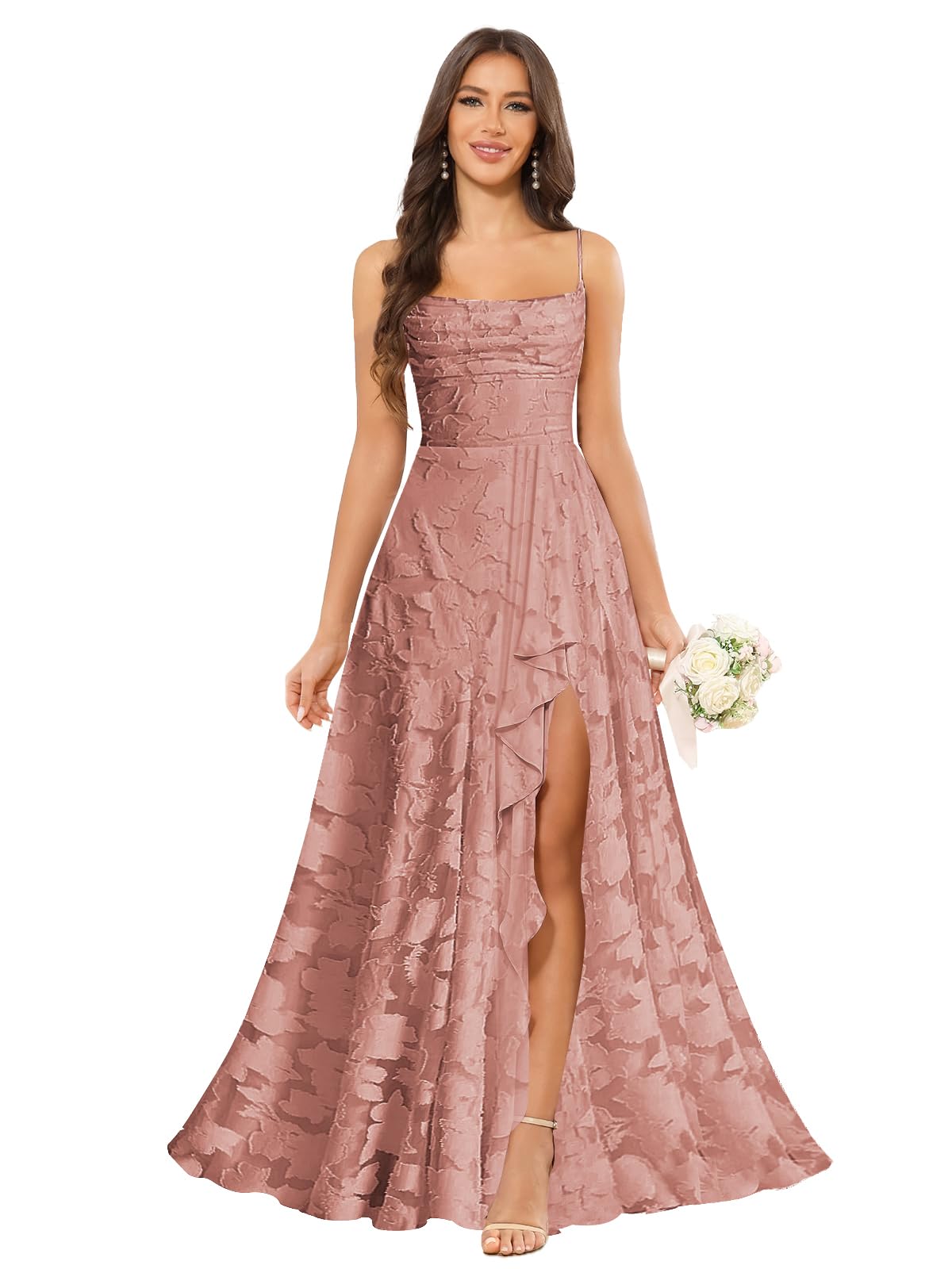 Women’s Ruffled Bridesmaid Dresses Scoop Neck Floral Chiffon Formal Dress Wrap Pleated Wedding Guest Dress