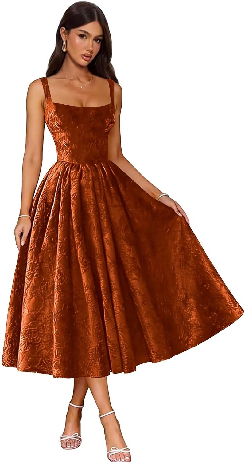 Jacquard Satin Prom Dresses 2026 Floral Square Neck Tea Length Ruched Elegant Formal Ball Gown with Pockets