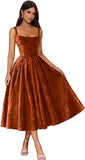 Jacquard Satin Prom Dresses 2026 Floral Square Neck Tea Length Ruched Elegant Formal Ball Gown with Pockets
