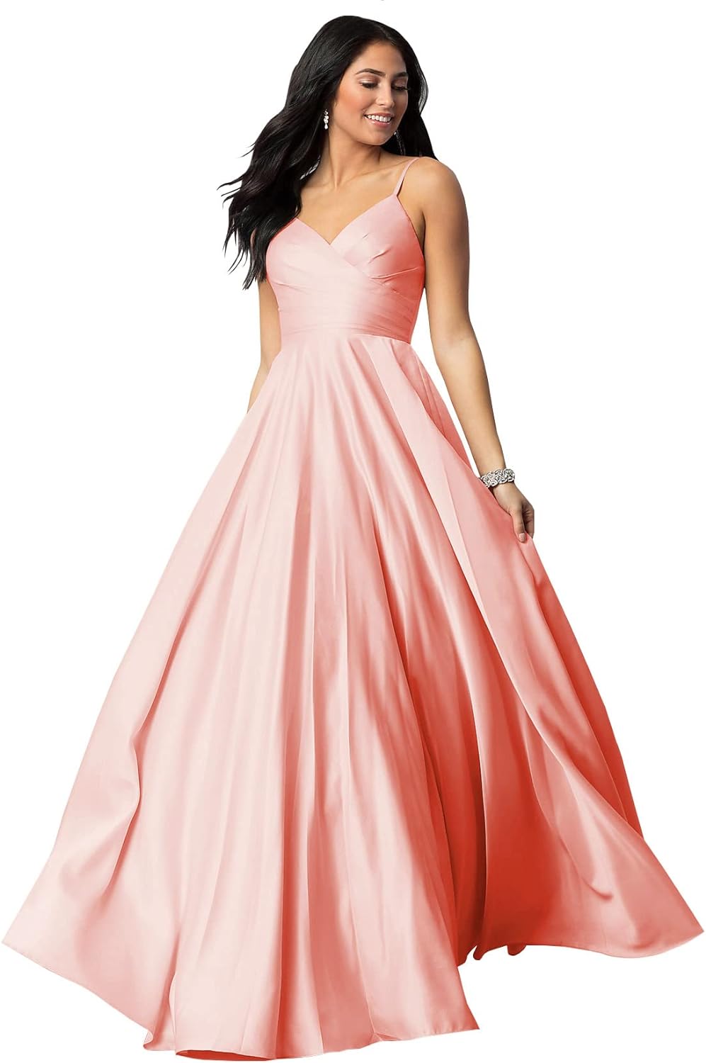 Women's Spaghetti Straps Satin Prom Dresses with Pockets V Neck Pleated Formal Evening Ball Gowns