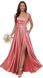 Satin Bridesmaid Dresses with Slit Spaghetti Straps Square Neck Long Formal Dress