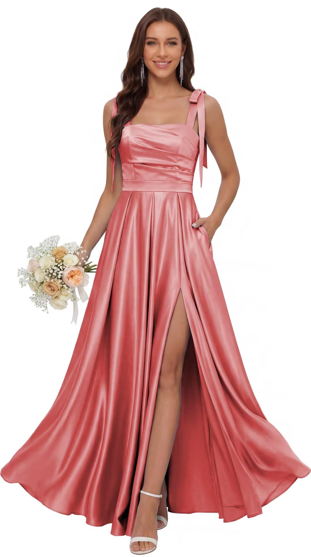 Satin Bridesmaid Dresses with Slit Spaghetti Straps Square Neck Long Formal Evening Dress