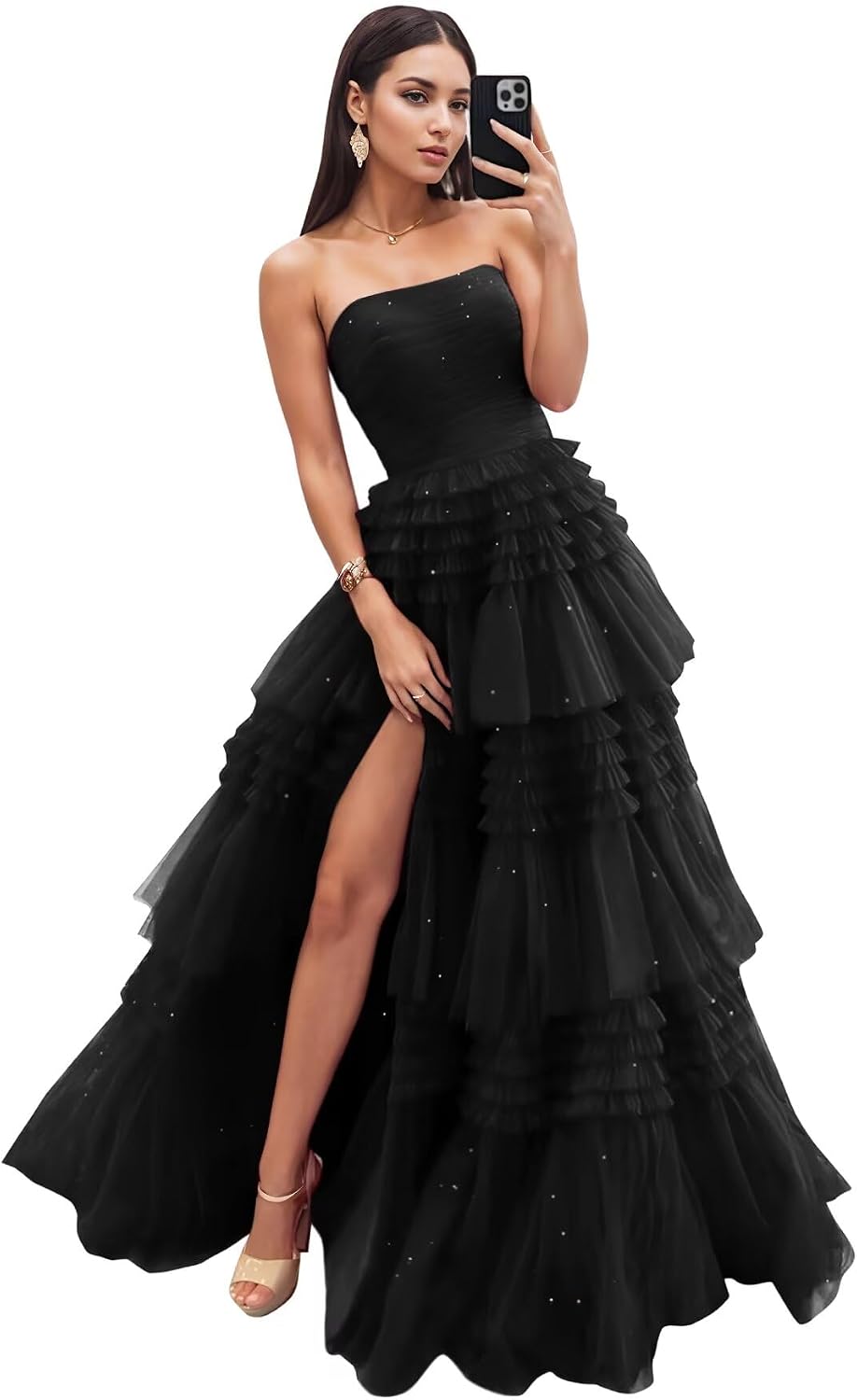 Strapless Tiered Tulle Prom Dresses for Women 2027 Long Sparkly A-Line Formal Evening Party Ball Gowns with Slit