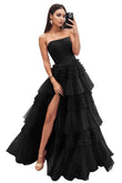 Strapless Tiered Tulle Prom Dresses for Women 2027 Long Sparkly A-Line Formal Evening Party Ball Gowns with Slit