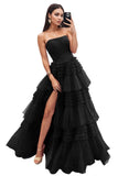 Strapless Tiered Tulle Prom Dresses for Women 2027 Long Sparkly A-Line Formal Evening Party Ball Gowns with Slit