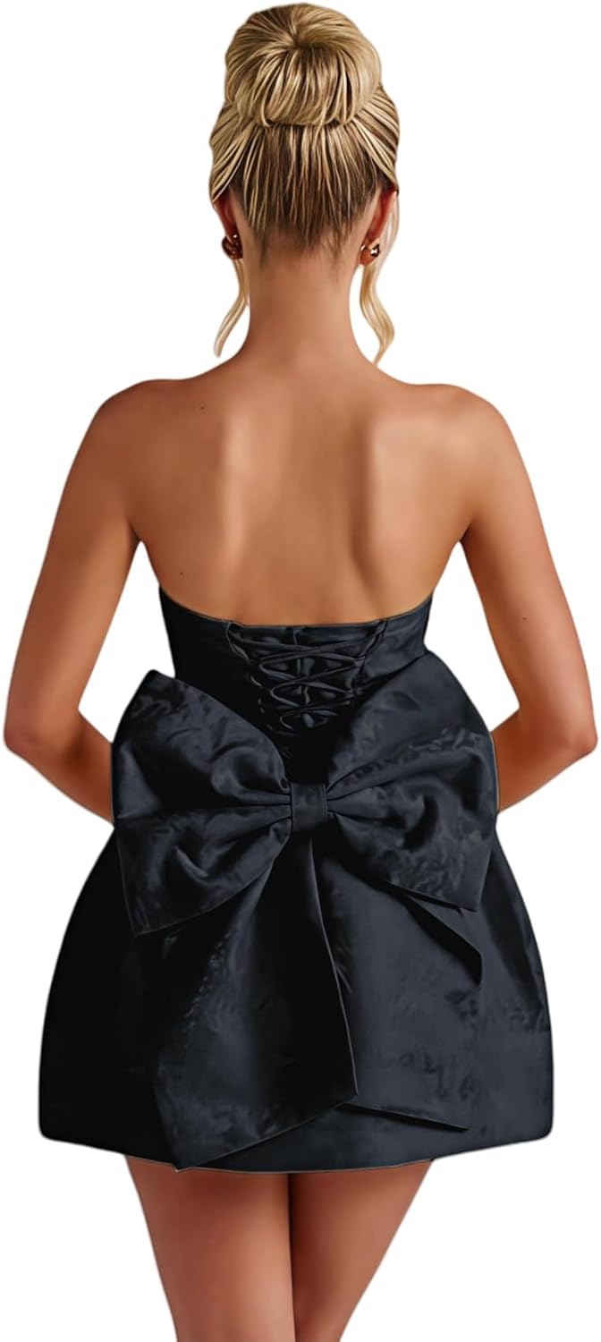 Jacquard Satin Homecoming Dress with Bow Elegant Strapless Mini Dress A Line Short Prom Dresses Party Gown