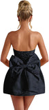 Jacquard Satin Homecoming Dress with Bow Elegant Strapless Mini Dress A Line Short Prom Dresses Party Gown