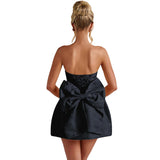 Jacquard Satin Homecoming Dress with Bow Elegant Strapless Mini Dress A Line Short Prom Dresses Party Gown